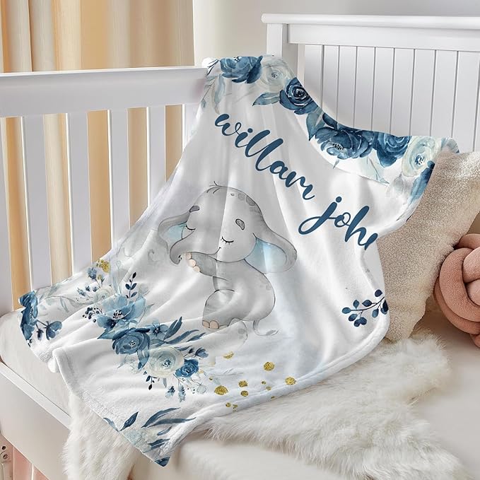 J&SBGFT Personalized Baby Blanket for Boys - Custom Name Receiving Blanket for Toddlers, Kids - Nursery, Stroller, Crib Decor Throw - Blue Elephant Sleeping