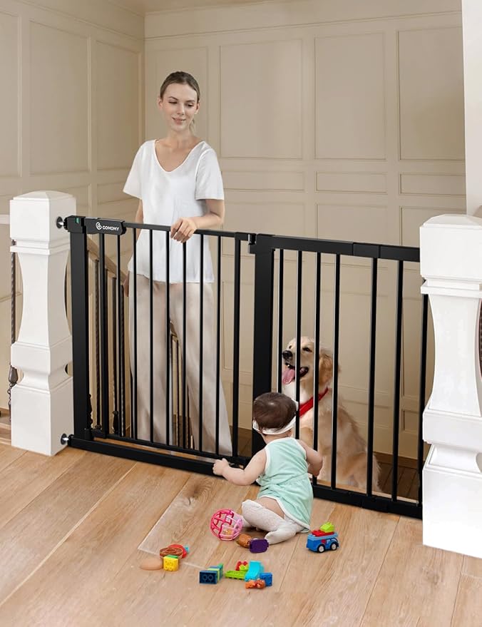 COMOMY 30" Tall Baby Gate for Stairs Doorways, Fits Openings 29.5" to 51.6" Wide, Auto Close Extra Wide Dog Gate for House, Pressure Mounted Easy Walk Through Pet Gate with Door, Black