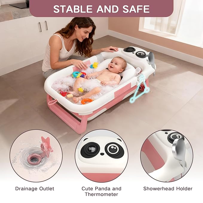 Collapsible Baby Bathtub for Newborn, Baby Bath Tub with Thermometer & Soft Floating Cushion & Drain Hole for Infant to Toddler, Portable Travel Bathtub with No-Slip Feet for 0-36 Months-Pink