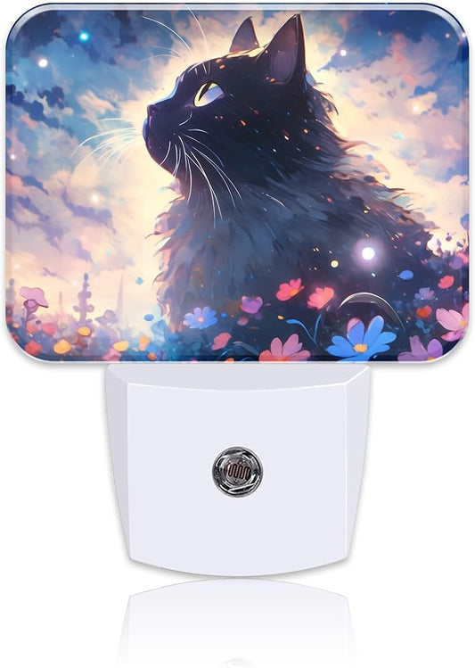 Cartoon Cute Black Cat Night Light for Kids Girls Boys, Cat in The Flowers LED Night Light Plug into Wall with Dusk to Dawn Sensor for Room, Hallway, Kitchen, Bathroom, Stairs Decor