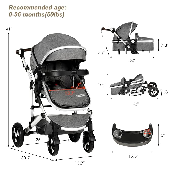 Kinder King 3 in 1 Reversible Baby Stroller w/Detachable Tray, Convert to Newborn Pram, Folding Infant Carriage for Toddler, Adjustable Canopy & Handle, Aluminum Alloy, Suspension Wheels