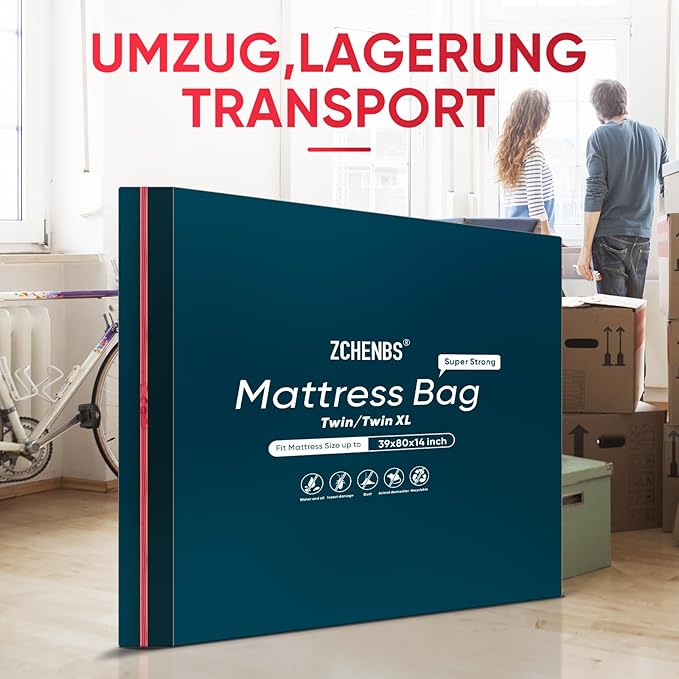 ZCHENBS® – Mattress Bags for Moving and Storage,Mattress Bag with Zippers,5 Mil Ultra-Thick Bed Bag,Waterproof,Anti-Tear,Heavy-Duty Mattress bag (Black, Twin/Twin XL-(1 Pack))