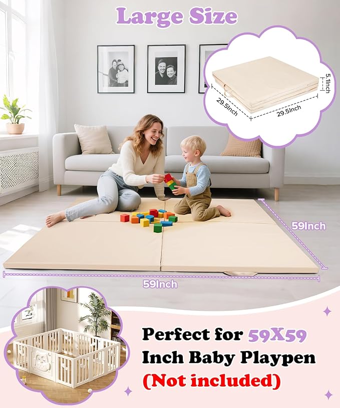 59x59Inch Baby Play Mat Foldable | Waterproof Playmat Infant | Soft Padded Foam Floor Mat for Kids Playroom | Non-Slip Crawling Removable Cover Washable Crawling Playmat Child