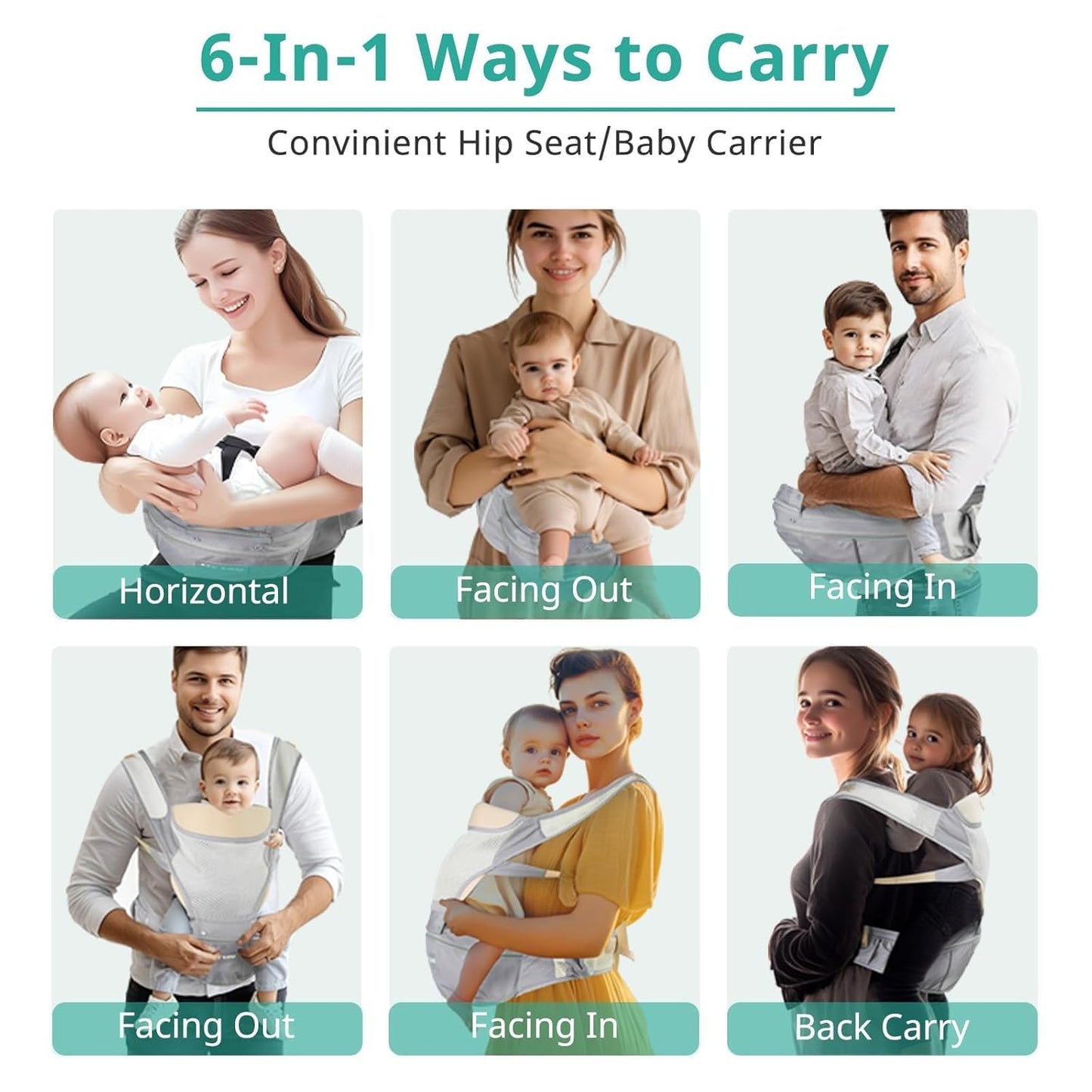 Baby Carrier, Newborn to Toddler(25-60 lbs), Adjustable Detachable 6-in-1 Ergonomic Toddler Carrier, Easy-to-Use, Front & Back Carry & Baby Hip Carrier for Hands-Free Parenting