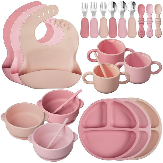 Yinder 24 Pack Silicone Baby Feeding Set Baby LED Weaning Supplies Includes Suction Divided Plates Soft Bowl Spoons Forks Adjustable Bib Snack Cup and Straws(Dark Pink, Dusty Pink, Peach Color)