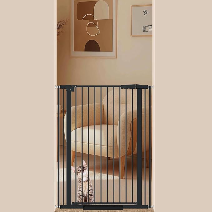 40.55" Tall 1.37" Ultra Narrow Spacing Dogs Pets Baby Gate for Doorway Safety Proof Indoor 30.11-34.05" Extra Wide Puppy Pressure Mounted No Drill Walk Through Black Metal Hallway