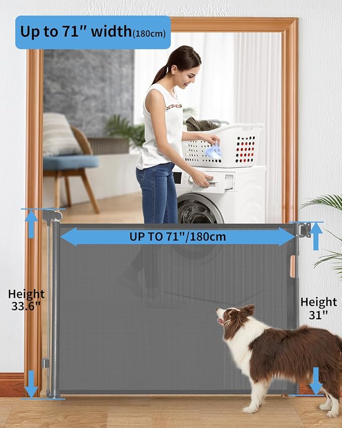 Retractable Baby Gate for Doorways and Stairs, Mesh Safety Gate for Pet, Indoor & Outdoor Use, One-Hand Operation, Easy Installation, 33.6" Tall, Expands to 71" Wide(Grey,33.6"x71")