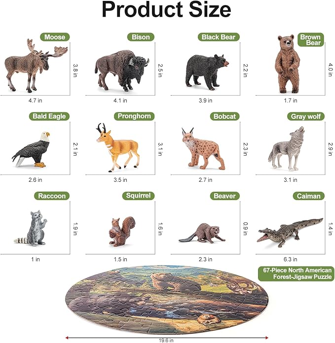 12PCS Large North American Animal Figurines & 67PCS Large Woodland Jigsaw Puzzles Toys for Preschool Kids Toddlers, Ideal Realistic Safari Animals Toys Gift for Toddlers Kids