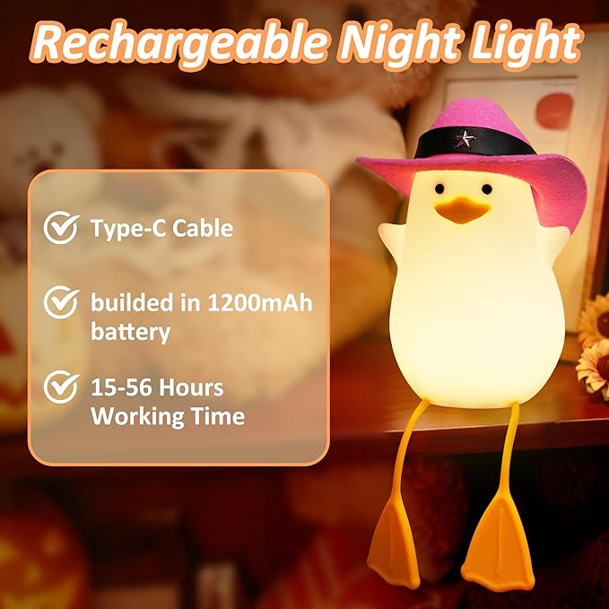 Cute Benson Ducks Night Light, Squishy Touch Silicone Animal Nursery Bedside Lamp, Dimmer & Rechargeable, Birthday Gift for Boys, Girls, Teens (Pink Duck)