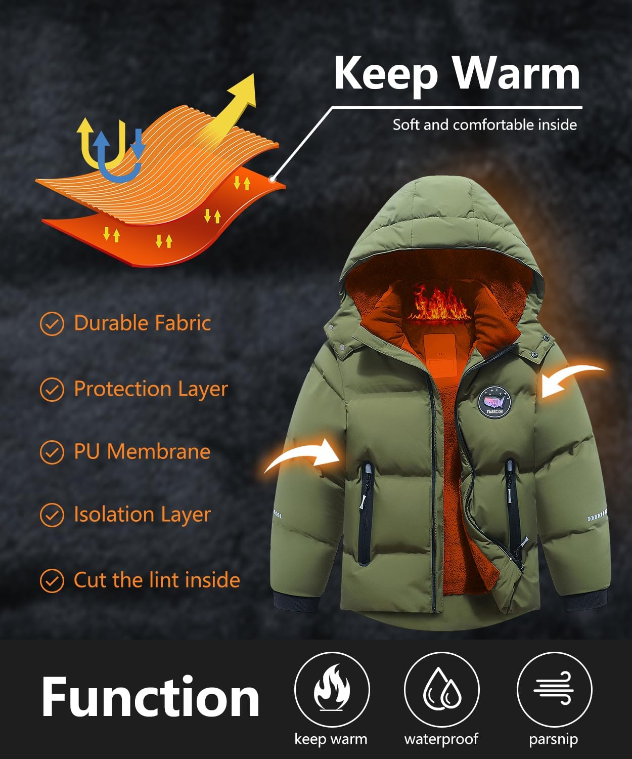 Kids Boy's Winter Coat Fleece Lined Waterproof Jacket Puffy Cotton Coat Thick Hooded Down Outdoor Coats