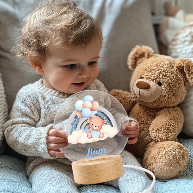 callie Acrylic Night Light Name Plate Personalized, Custom Cute Sleep Bear with Wooden Base Bedroom Decor, Birthday Gifts Christmas Gifts for Family (Cute Bear)