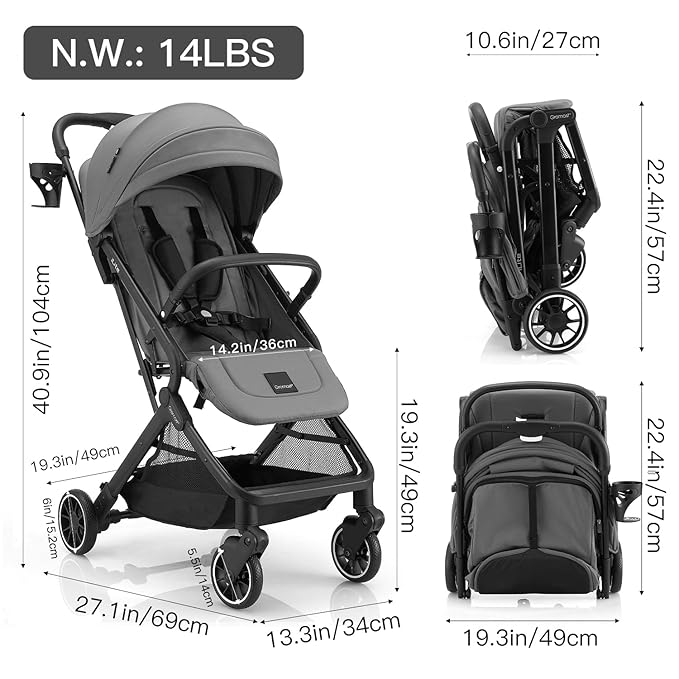 Compact Fold Baby Stroller, Lightweight Travel Toddler Stroller with One-Click Fold, Extendable UPF50+ Canopy, Cup Holder, UV Protected and Waterproof, One-Hand Folding - Gray