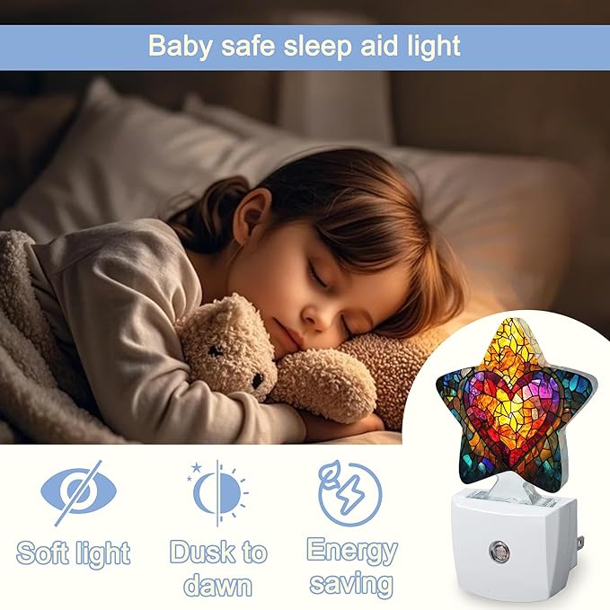 Love Heart Stained Glass Night Lights Plug Into Wall,Abstract Star Night Light for Kids,Nightlight with Dusk to Dawn Smart Sensor for Bedroom Bathroom Decor,Children Women Men Gift