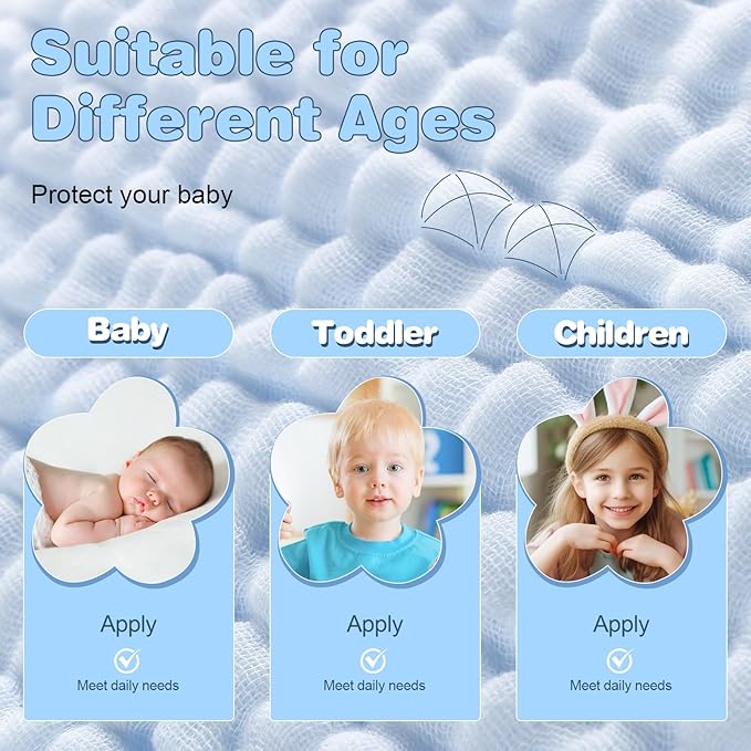 MUKIN Baby Hooded Towels, Muslin Cotton, 2-Pack, for Newborn, Infant, Toddler and Kids (White,Blue)