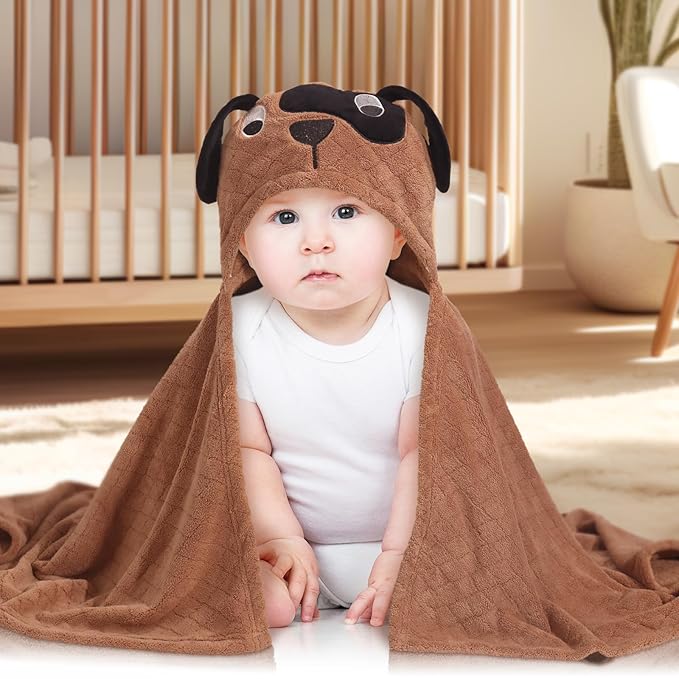 Toddler Hooded Bath Towel Age 1-5,2-Pack Thick Absorbent Bath Towel Boys & Girls, 50"x32"Large Size Ultra Soft with Hood Panda Puppy,Baby Bath Essential for Infant and Children, Brown & White