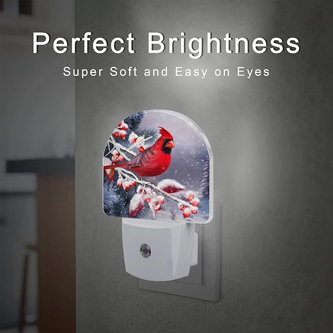 Winter Red Cardinal Bird Night Light for Kids,Christmas Pine Tree Snow Cardinal Night Light Plug in with Dusk to Dawn Sensor,0.5w Energy Saving Nightlight for Hallway Stairway Kitchen Bedroom