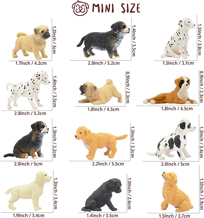 Toymany 12PCS Mini Dog Figurines Playset, Realistic Detailed Plastic Puppy Figures, Hand Painted Emulational Tiny Dogs Animals Toy Set, Cake Toppers Christmas Birthday Gift for Kids Toddlers