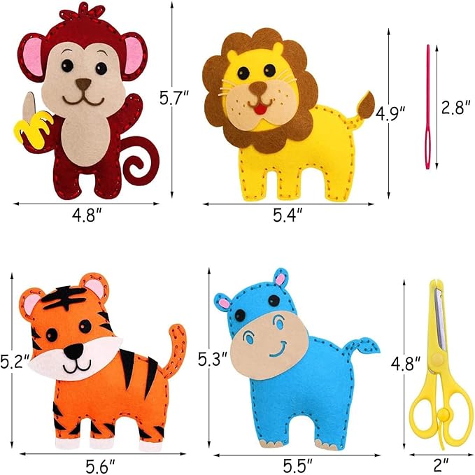 FYXGZZH Kids Beginner Sewing Kit – DIY Stuffed Craft Set with Pre-Cut Felt, Plastic Needle & Embroidery Thread, Educational Arts & Crafts for Boys & Girls Ages 6-12, Jungle Animal