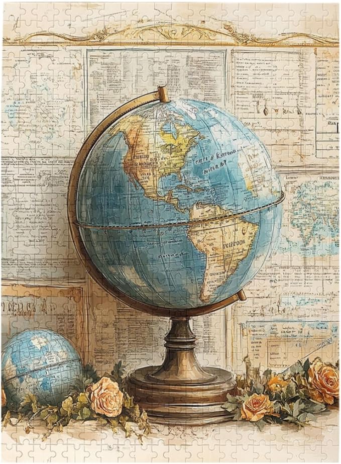 Elegant Globe Puzzle，World Map Inside, Vintage Backdrop, and Rose Detailing，500 Piece Adults Wooden Jigsaw Puzzle，Puzzles Suitable for Entertaining with Family During Holidays