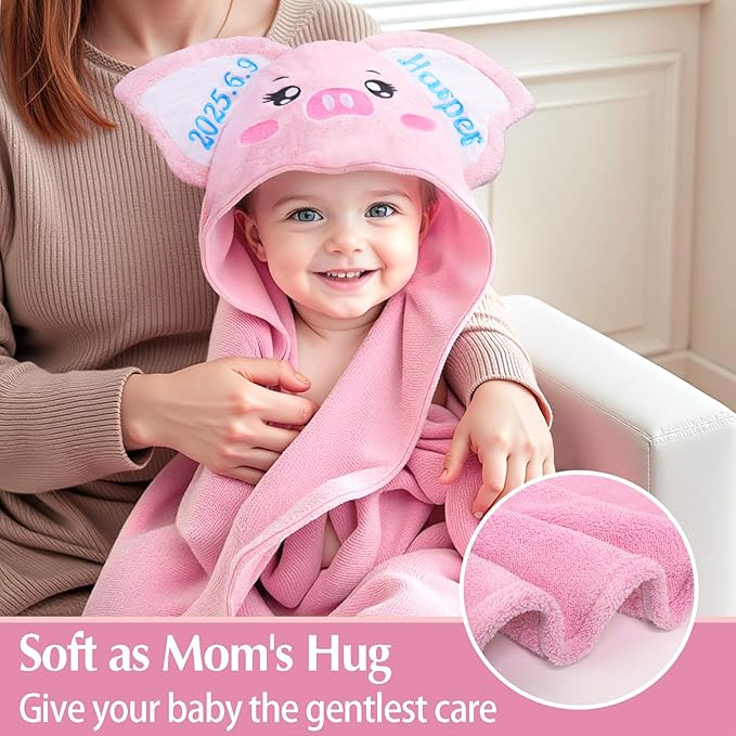 Custom Hooded Bath Towel with Name, Personalized Highly Absorbent Bunny Towels, Baby Bath Towels for Girls Boys, Brithday for Baby, Toddler, Newborn (Piglet-Pink)