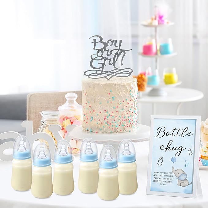 Roowest Bottle Chug Baby Shower Game Favors Including Blue Elephant Theme Wooden Sign and 18 Pcs Baby Bottles for Gender Reveal Party Supplies