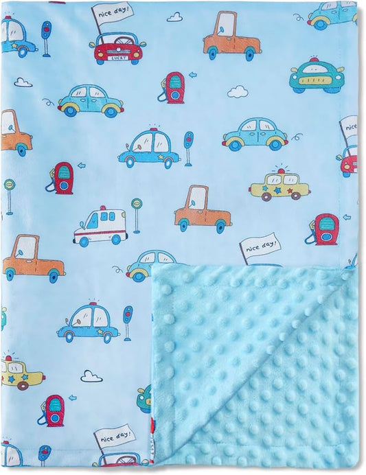 QSTEHEML Baby Blankets for Boys Neutral,Super Soft Nursery Minky Blanket Unisex, Baby Gifts Double Layer with Dotted Backing, Nursery Blankets for Crib Stroller(Blue Car30*40in)