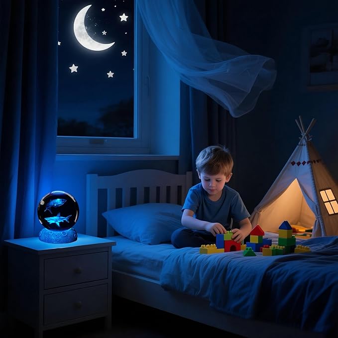 Shark Night Light, 3D Crystal Ball Shark Lamp, Underwater Gifts with 16 Color Remote Upgraded 3.15 Inch Ball for Room Decor Boys Girls Birthday Xmas Cool Figurines Gifts