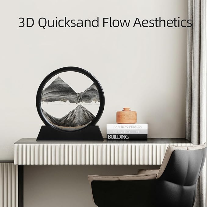 Moving Sand Art Liquid Motion, 3D Deep Sea Sandscape Color Quicksand Decor, Round Glass Moving Sand Art Picture Relaxing Desktop Home Office Work Decor (Black, 7 inch)