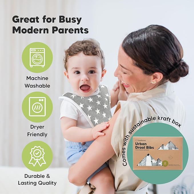 8-Pack Organic Baby Bibs for Boys, Girls - Soft Cotton Drooling and Teething Bibs for Baby Girl & Boy, Extra Absorbent, Easy To Clean & Put On for Toddler, Newborn, Infant 0-24 Months(Grayscale)