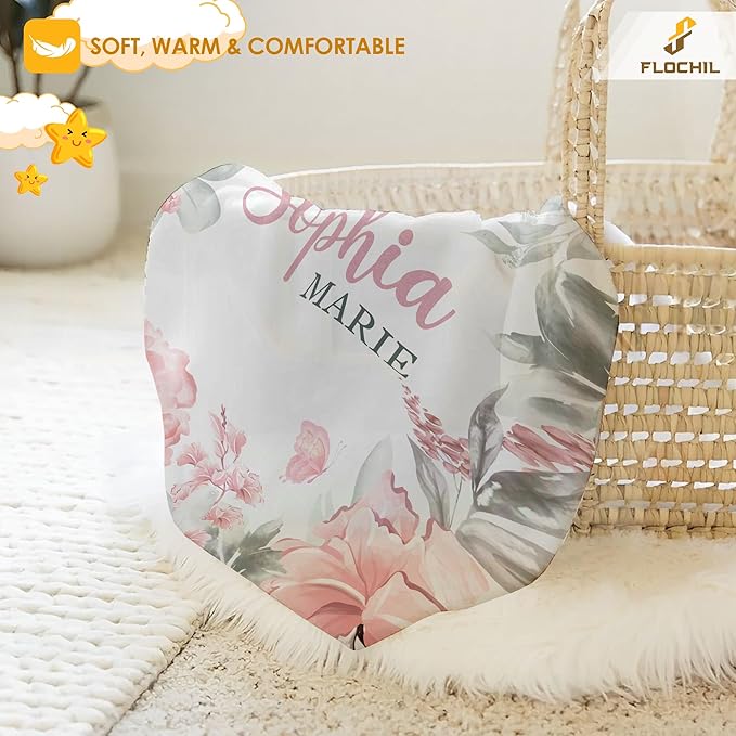 FLOCHIL Personalized Baby Blankets, Custom Baby Blanket - Baby Blanket with Name for Girls, Best Gift for Baby, Newborn Floral Plush Fleece (30x40)