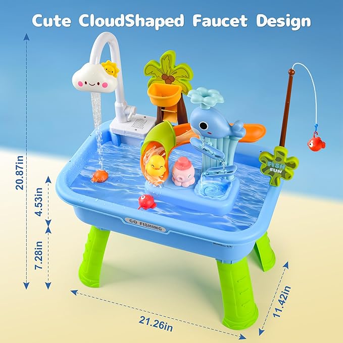 2026 Upgraded Toddler Sand Water Table Toy with Electric Water Pump, Kids Sand Water with Faucet/Play Food Accessories/Fishing Toy, Kitchen Play Sink Toys for Girl Boy Age 3+ (Blue)