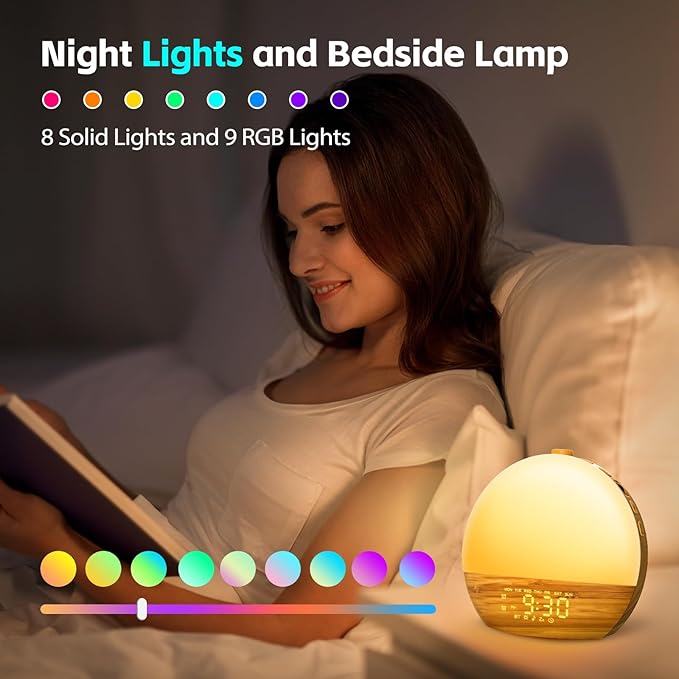 Wood Grain White Noise Sound Machine Sunrise Alarm Clock with 25 Soothing Sounds, 17 Dimmable Night Lights, Bluetooth Speaker Wake Up Light alarm clocks for bedrooms, Heavy Sleepers, Baby, Kids