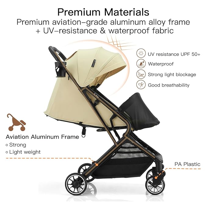 Compact Fold Baby Stroller, Lightweight Travel Toddler Stroller with One-Click Fold, Extendable UPF50+ Canopy, Cup Holder, UV Protected and Waterproof, One-Hand Folding - Beige