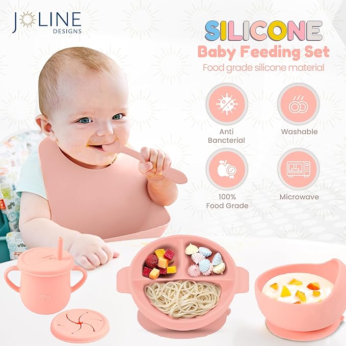 Silicone Baby Feeding Set - Perfect silicone plates for baby & Toddler Plates with lid, Baby Bowls with Suction, Baby Utensils - Baby Led Weaning Supplies & Eating Essentials - (Peach)