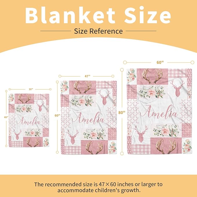 Baby Girl Blanket with Name – Personalized Pink Baby Blanket for Infant Toddler Girls, Floral Woodland Deer Flannel Receiving Swaddle, Custom Newborn Gifts for Birthday New Parents(30"x40")