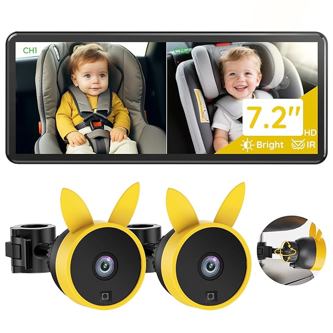 Babyvue BV3 PRO Baby Car Camera for 2 Kids - 7.2" Large HD Display Dual Channel Baby Monitor, 1080P IR Night Vision Car Seat Camera, Easy Install Rear-Facing View – Ideal for Kids and Pet Safety