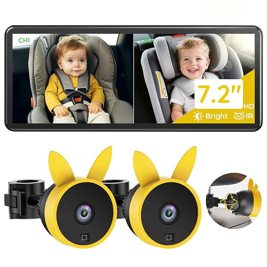 Babyvue BV3 PRO Baby Car Camera for 2 Kids - 7.2" Large HD Display Dual Channel Baby Monitor, 1080P IR Night Vision Car Seat Camera, Easy Install Rear-Facing View – Ideal for Kids and Pet Safety