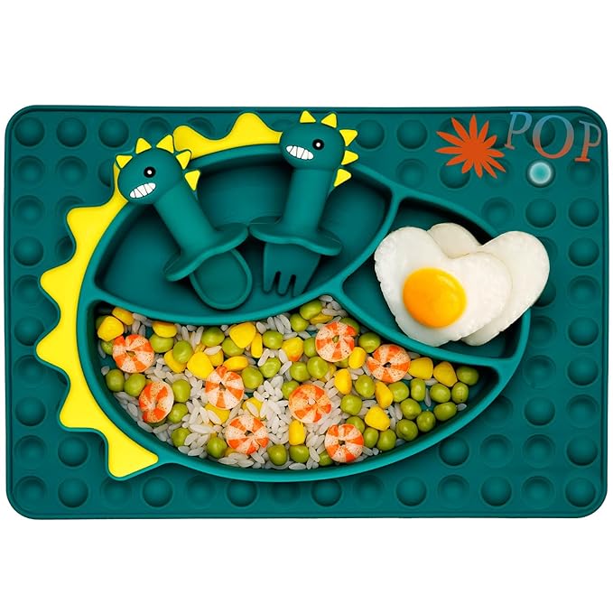 Silicone Toddler Dinosaur Feeding Placemat Set With Spoon and Forks, Baby Push Pop Bubble Suction Divided Plate Utensils, Kids Led Weaning Dish - Bubble Blue Dinosaur
