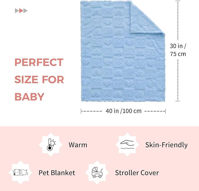 Soft Cozy Fleece Baby Blanket Heart Checkered Pattern Fluffy Plush Receiving Blanket for Newborn Infant Toddler, Warm Crib Stroller Blanket for Boys Girls 30"x40", Light Blue