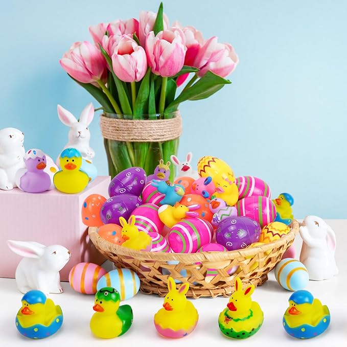 50PCS Easter Rubber Ducks Assorted Gifts Party Favors ,Resurrection Bunny Rubber Duck Pack , Funny Rubber Ducks Bath Tub Toys for Kids, Baby Showers Accessories