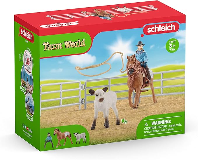 Schleich Farm World Rodeo Roping Playset - Cowgirl Rodeo Rider Figurine with Cow, Pen, and Rope, Realistic Western Rodeo Farm Toys and Accessories, 9-Piece Kids Toy for Boys and Girls