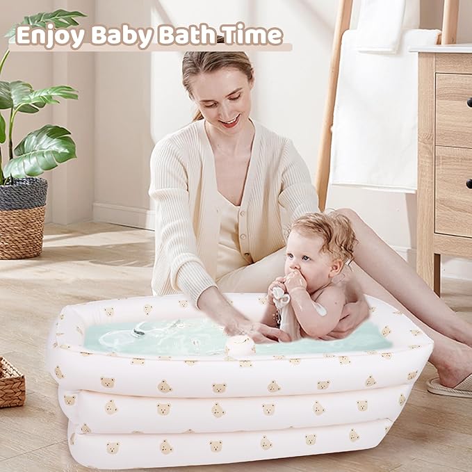 Inflatable Baby Bathtub with Built-in Air Pump, Portable Bathtub for Babies 0-5 Years Old, Small Ball Pool, Foldable Bath Tub for Travel, 30.7 x 14.6 Inch (Bear Head)