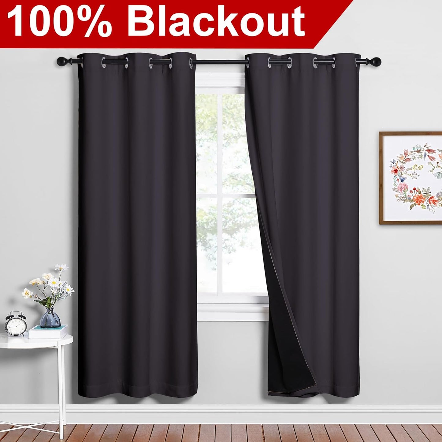 NICETOWN 100% Blackout Window Curtain Panels, Greyish Purple, 2 Pieces, 42-inch Wide Per Panel, Full Light Blocking Drapes with Black Liner for Nursery, 72-inch Drop Thermal Insulated Draperies