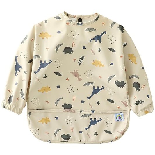 ARI MES Long Sleeves Waterproof Baby Bibs for Eating - Dinosaur, Small - Wearable, Coverall for Toddler, Long Sleeve Bib, Smock Apron for Feeding - Applicable for 6-72 Months