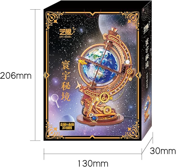 MU Model 3D Wooden Puzzles Rotating World Globes USB Charging Illuminated Craft Work 3D Metal Puzzles for Adult, Models Kits Music Boxes Miniature Building, DIY Set