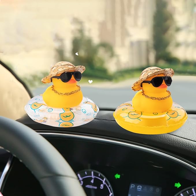 wonuu Car Rubber Duck, Yellow Duck Decoration Dashboard with Sun Hat Swim Ring Necklace Sunglasses for Car Dashboard Decorations (Straw Hat-Transparent)