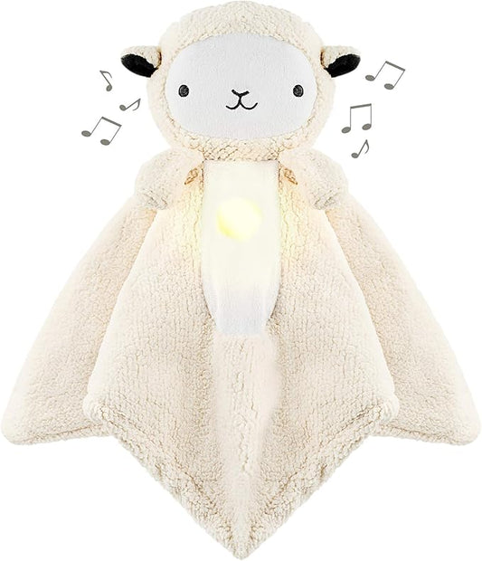 Wavhello LoveBub Sound & Light Baby Security Blanket Lovey, Plush Lullaby Music Player, White Noise Soother & Soft Night Light, Machine Washable - Lou The Lamb (White Minky, 18")