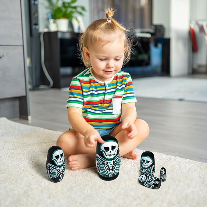 Nesting Skulls, 5 Pcs Handmade Wooden Russian Stacking Dolls, Home Halloween Decoration Gift