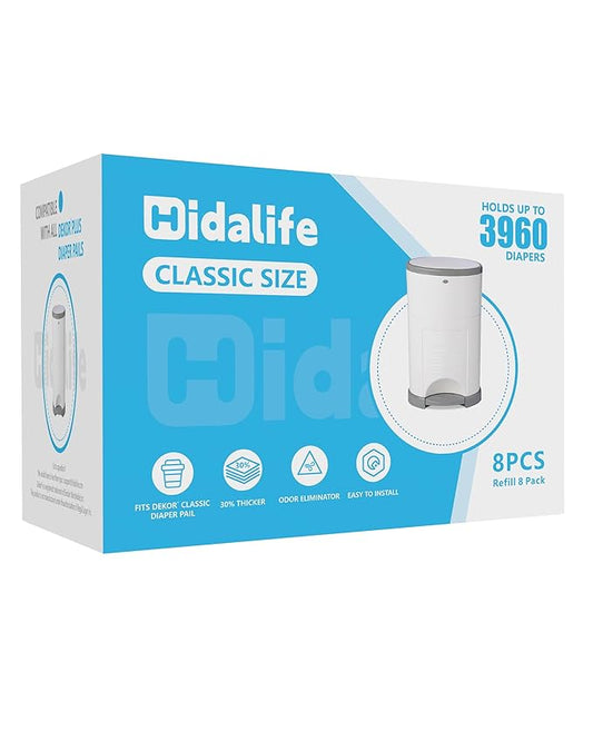 HIDALIFE Refills Compatible with Dekor Classic Diaper Pails, Disposable Diaper Trash Bags, Extra Thick Diaper Pail Refill Liners, Hold Up to 3960 Diapers (8 Pack)