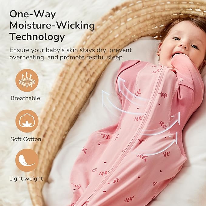 Transition Swaddle Sleep Sack, 3-6 Months, 12-18 lb, Arms In/Out, 2-Way Zipper, Moisture-Wicking Fabric, Improves Sleep, Snug Fit, Helps Calm Startle Reflex (Pink Print)